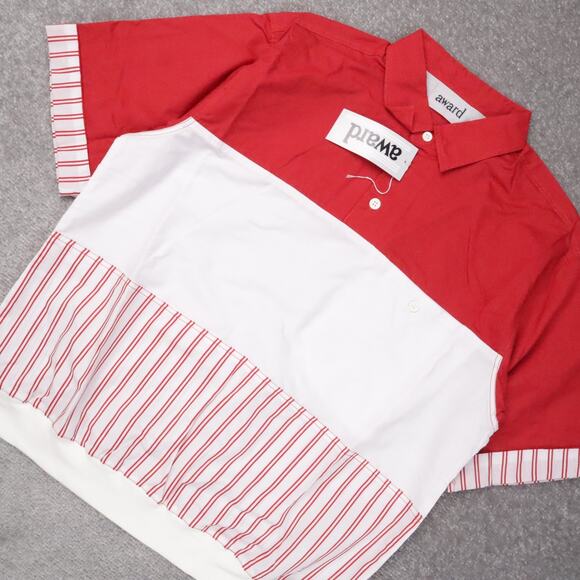 VTG 80s 90s Award Deadstock Medium Red White Striped Short Sleeve Collared Shirt - Picture 9 of 11